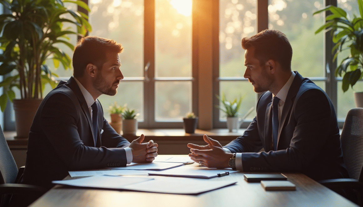 Business leaders discussing financial documents at sunrise