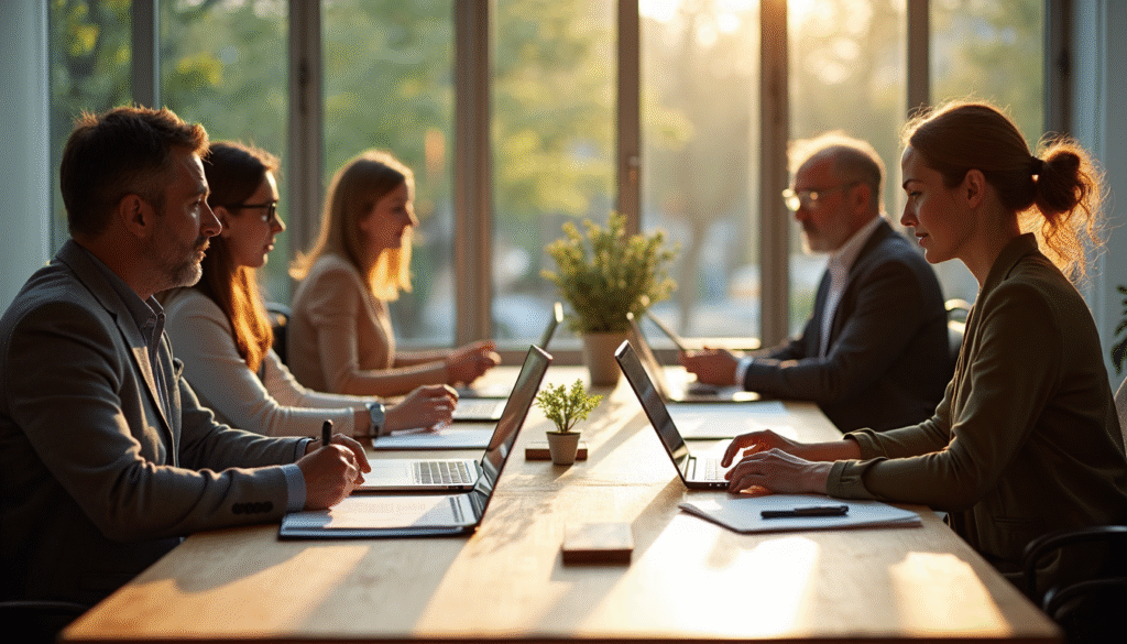 Association board members meet around sunlit table
