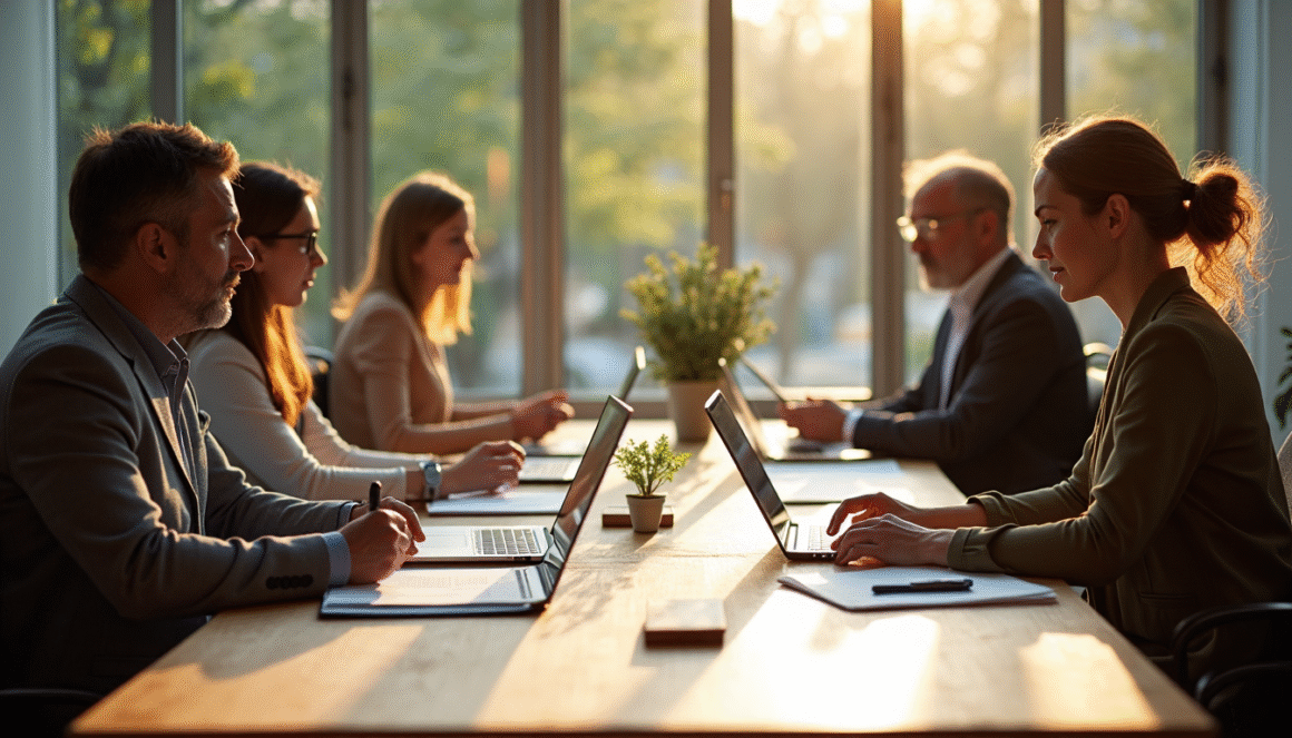Association board members meet around sunlit table