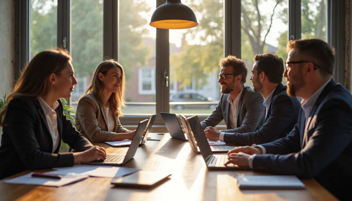Businesspeople discussing company risks in modern office
