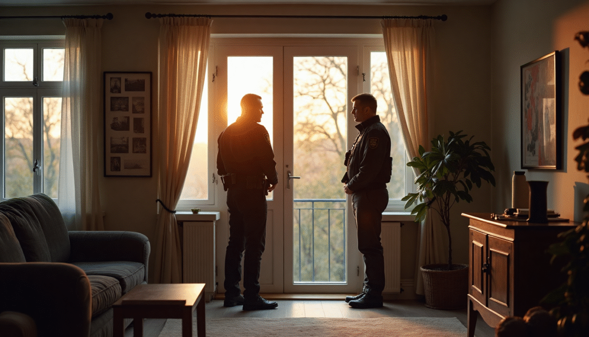 Politie en bewoner staan kalm bij huisdeur voor huiszoeking