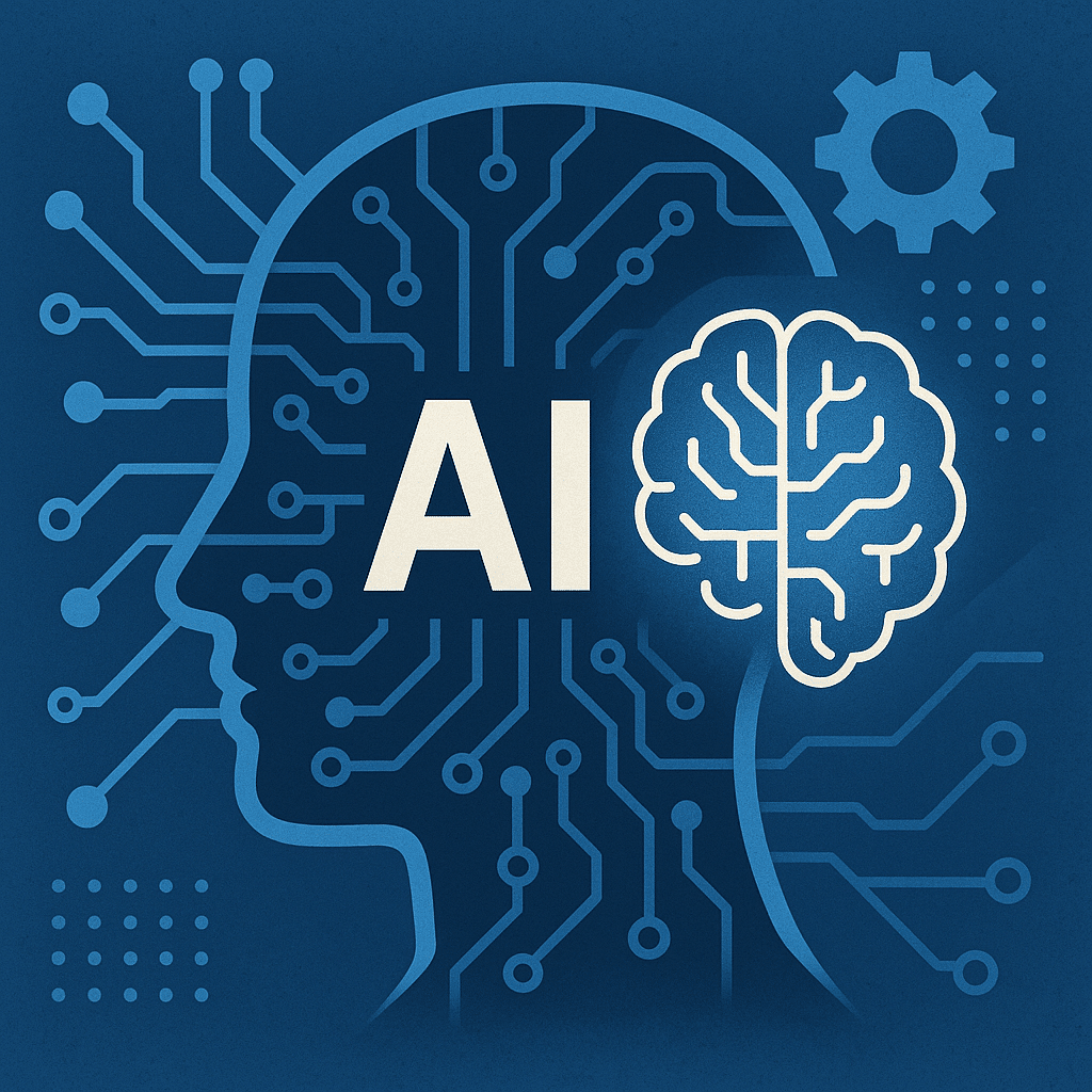 a blue background with a brain and a symbol