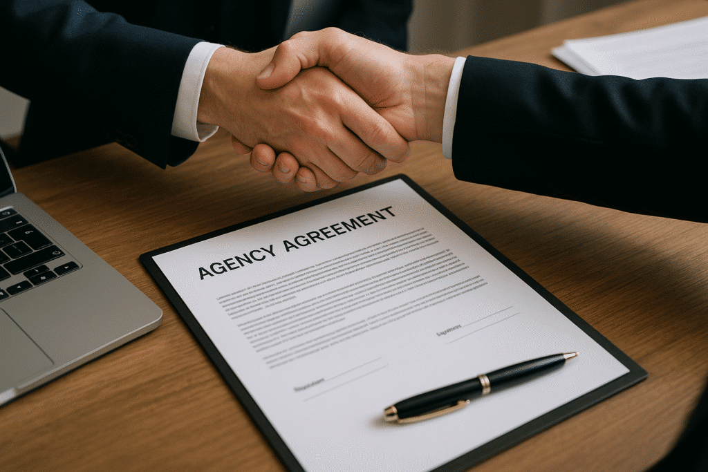 a hands shaking over a paper with a pen on a desk