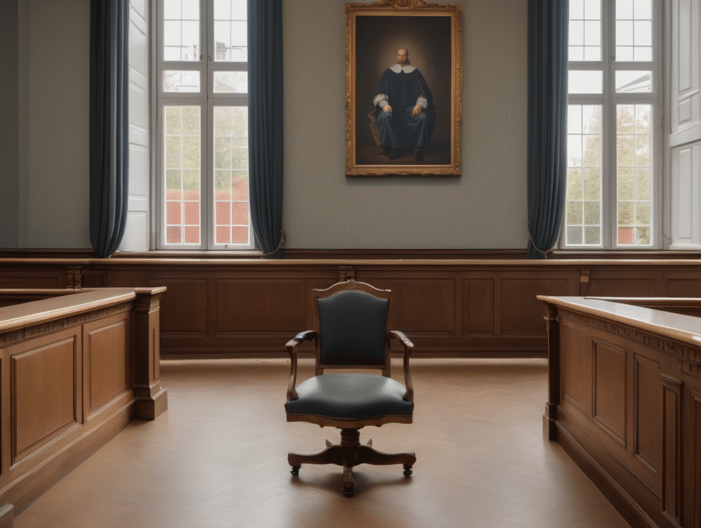 Lege rechtszaal met een stoel.