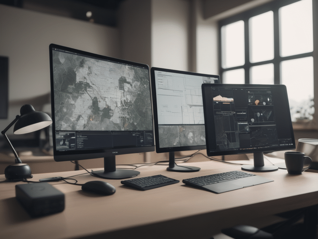 Moderne werkplek met meerdere monitors