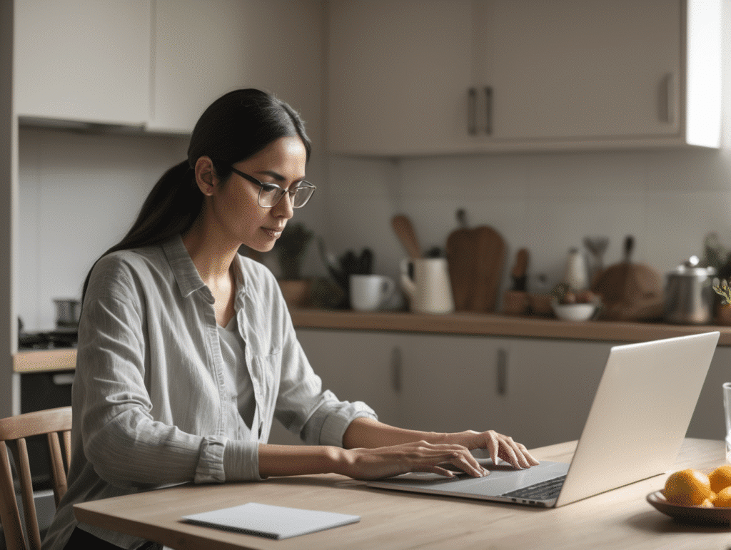 Vrouw werkt aan laptop in keuken.