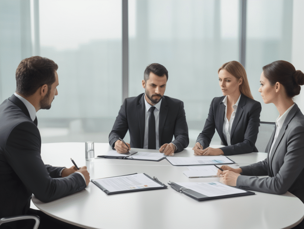 Zakenvergadering met vier professionals.