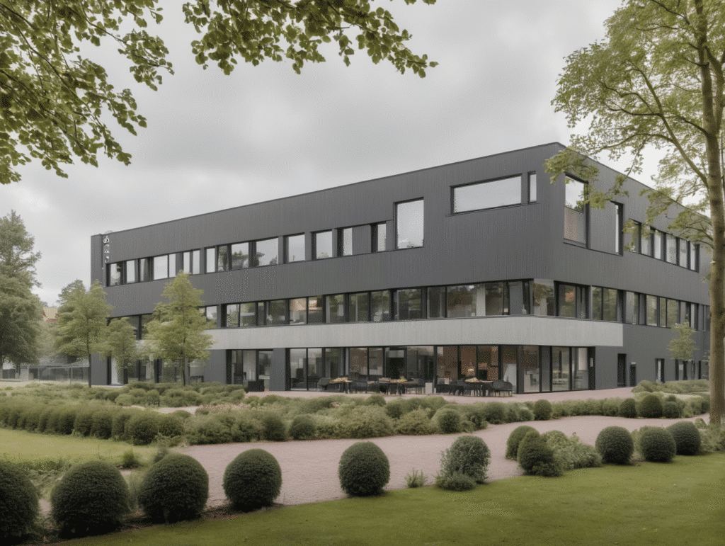 Modern gebouw omringd door groen.