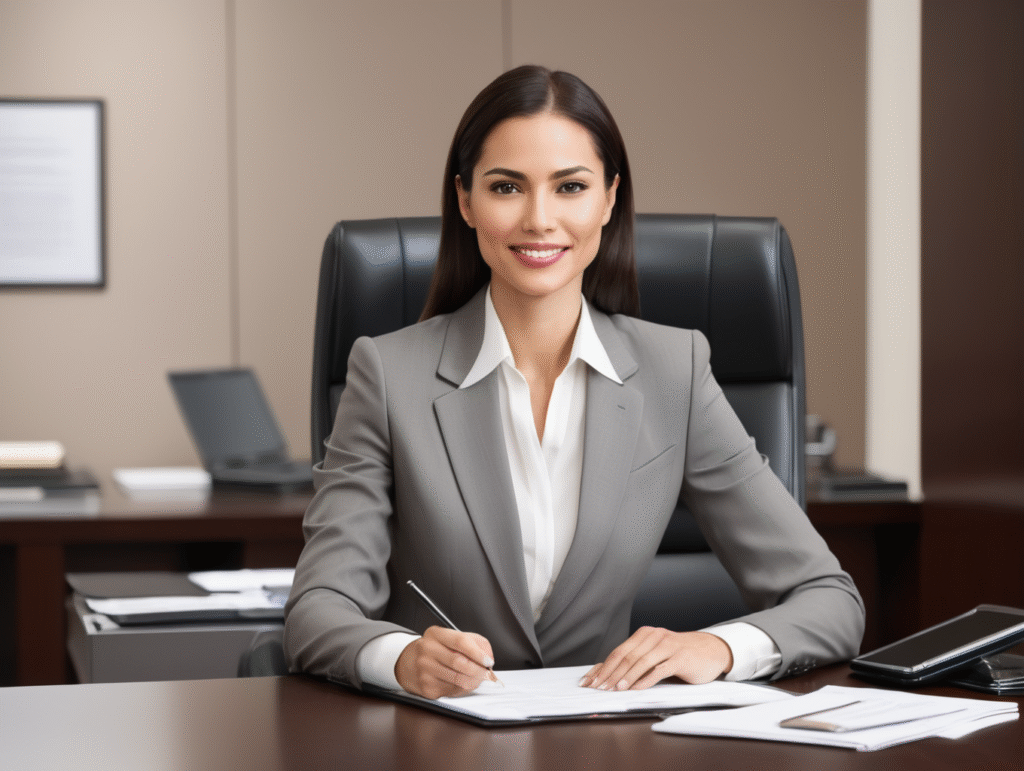 Zakelijke vrouw aan bureau met documenten.