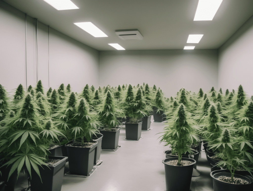 Grote ruimte met cannabisplanten.