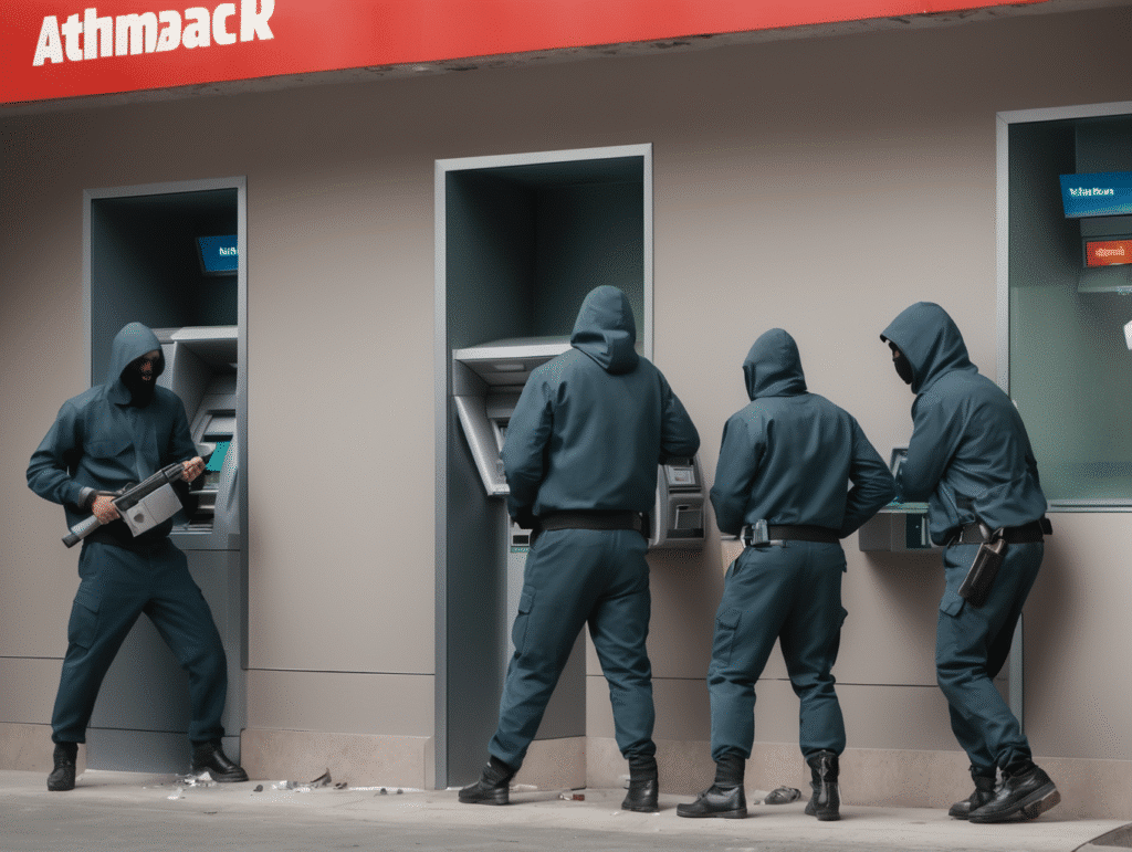Vijf gemaskerde mannen bij geldautomaat.