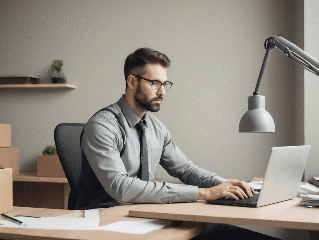 Man werkt aan laptop in kantoor.