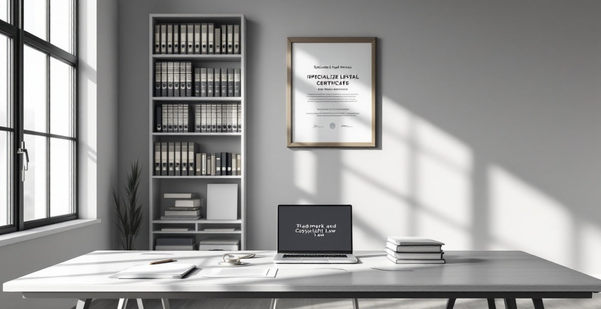 Minimalistic law office with a desk, legal documents, and books on intellectual property.