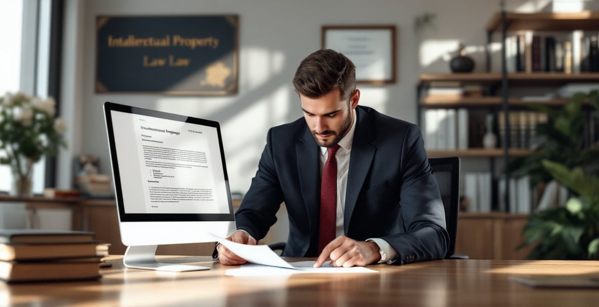 Office desk with a computer showing legal document in a trademark law setting.