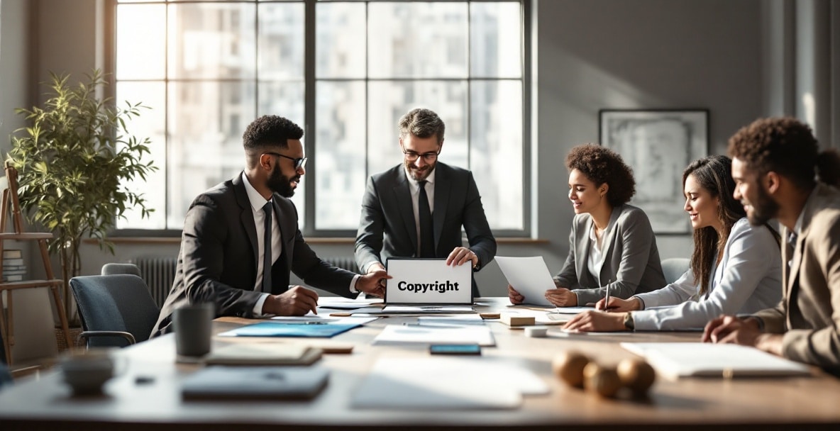 Professionals discuss copyright protection for various creative works in a modern office.