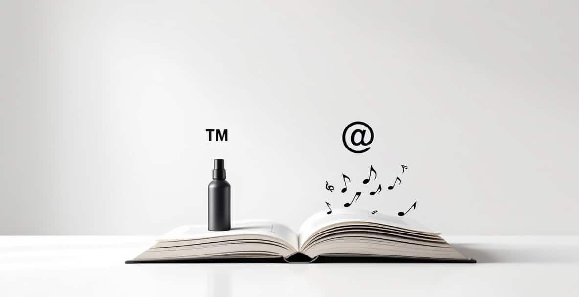 Minimalistic image showing trademark and copyright symbols with product and creative work on a white background.