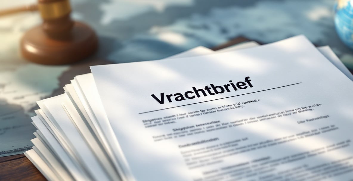 Stack of detailed shipping documents labeled 'Vrachtbrief' with a world map in the background.
