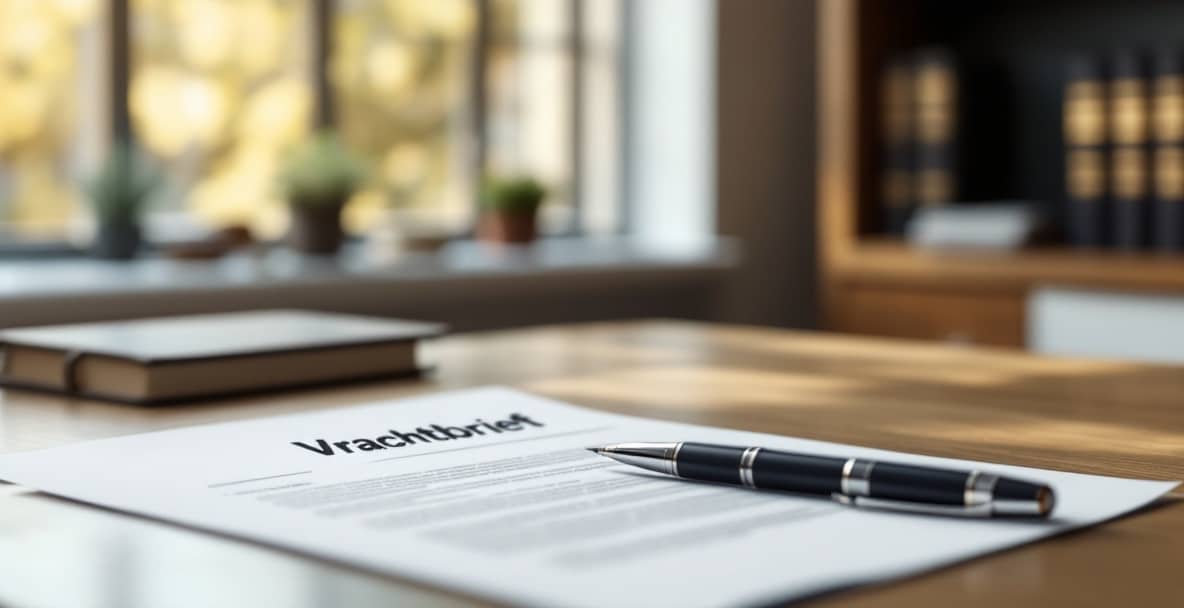 Minimalist office scene with desk, legal document titled 'Vrachtbrief', and a pen.