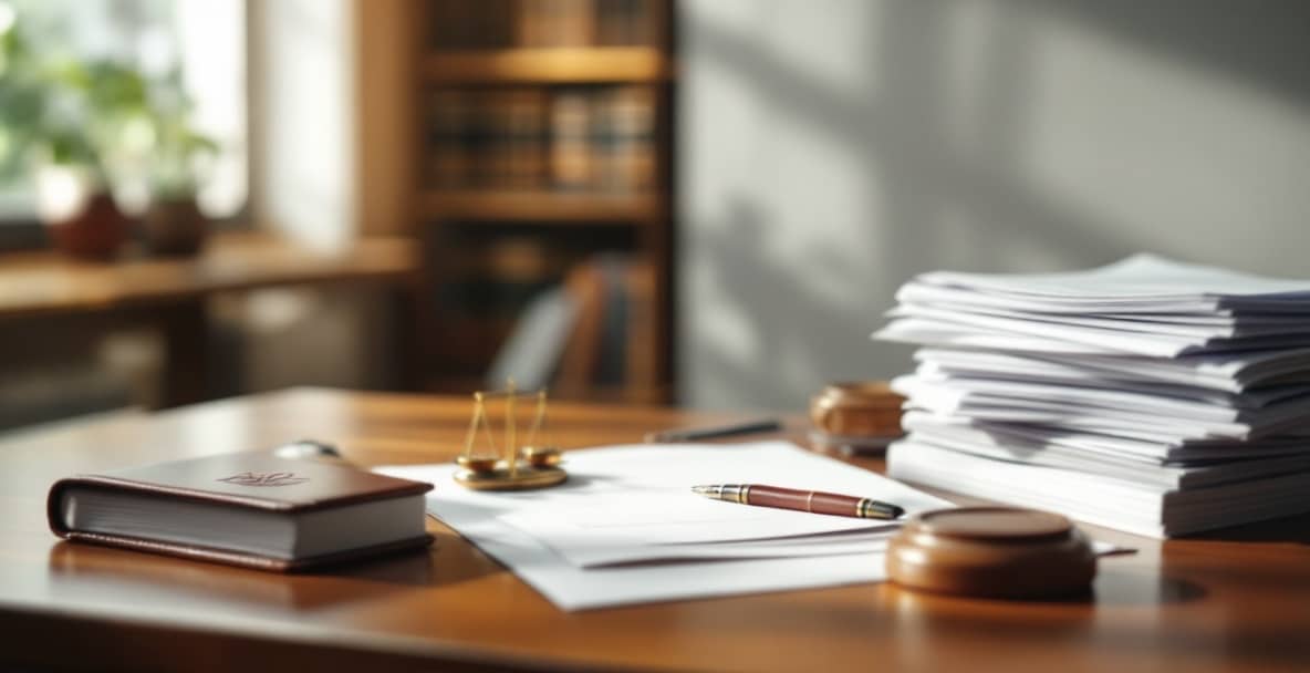 Office desk with legal annotations on a notebook, fountain pen, and freight documents under soft lighting.