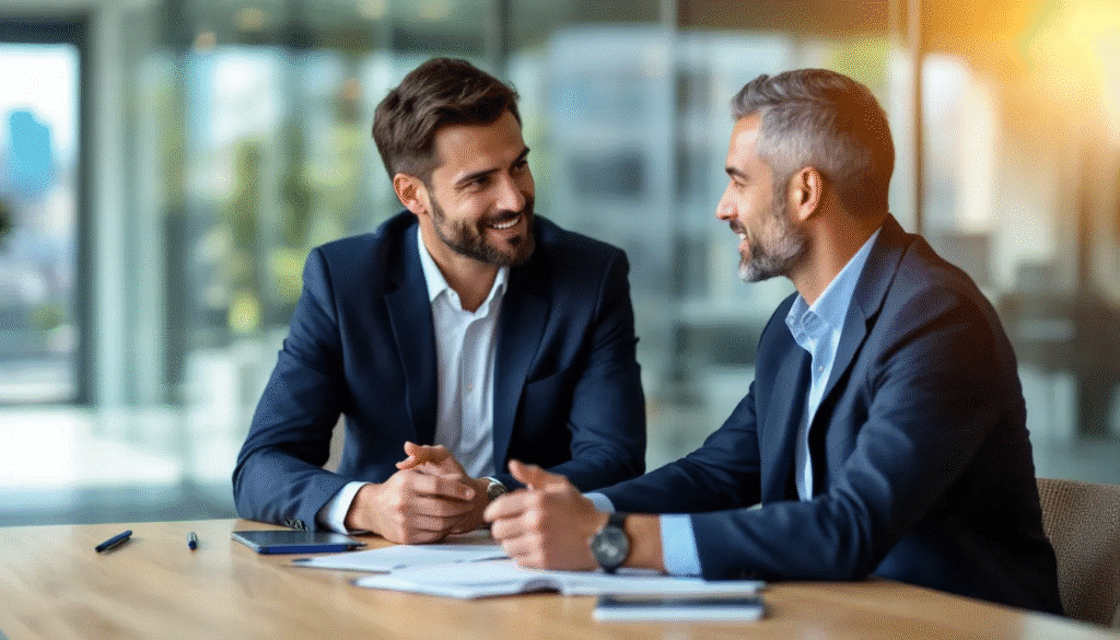 Werkgever en werknemer in gesprek onder leiding van een mediator bij een arbeidsconflict