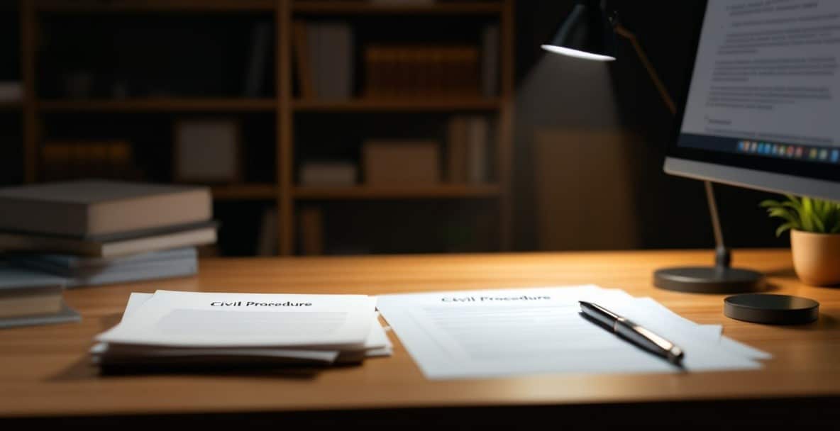 Desk with 'Civil Procedure' documents, a computer, and legal form in an office setting.