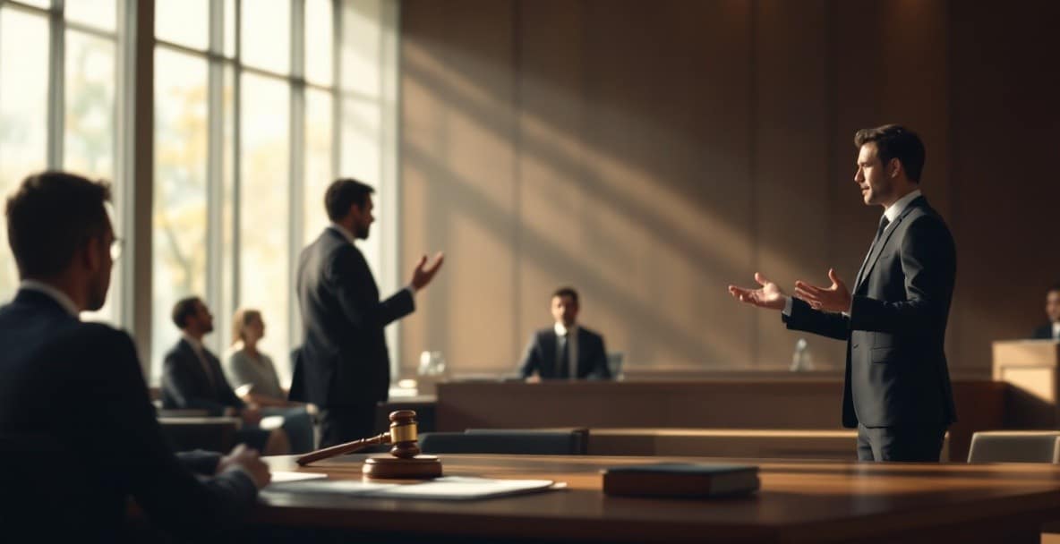Minimalistic courtroom with judge's bench, lawyer, and blurred audience.