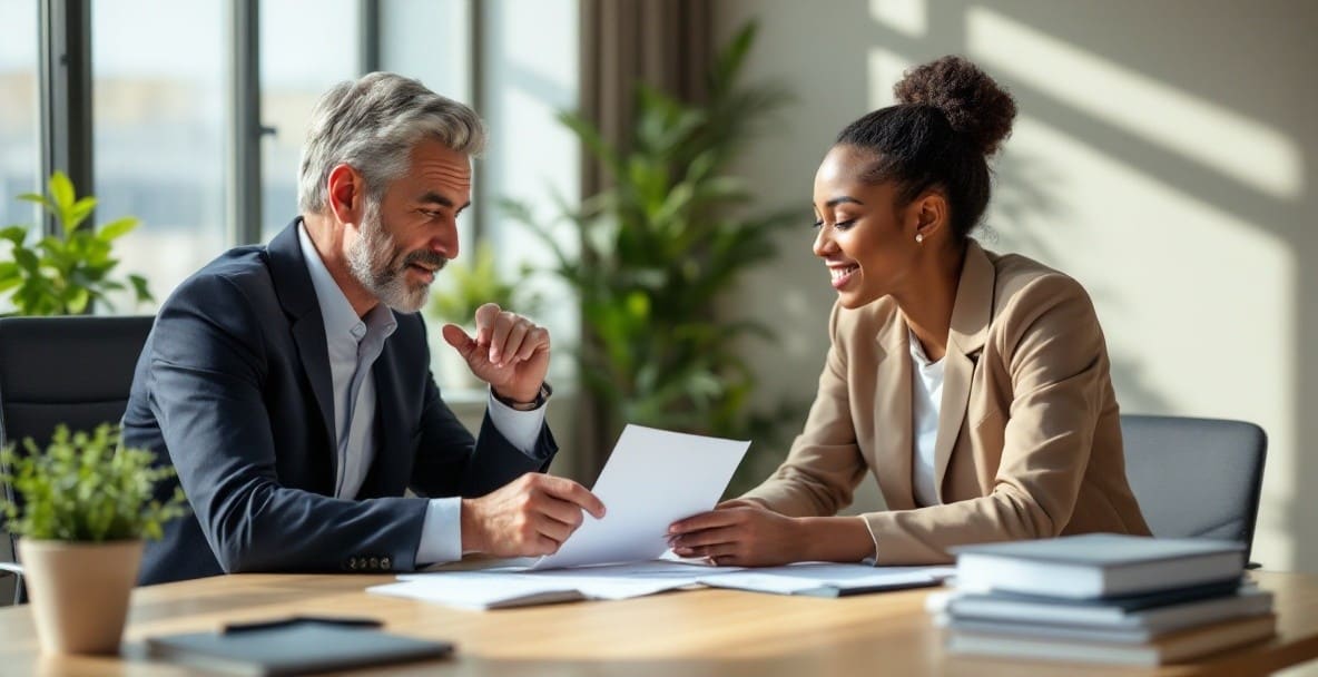 Immigration lawyer assisting a diverse couple in a modern office setting.