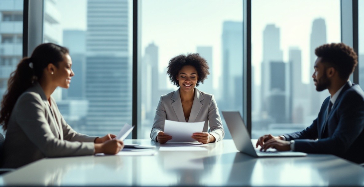 A diverse group in a professional meeting with legal documents and city view.