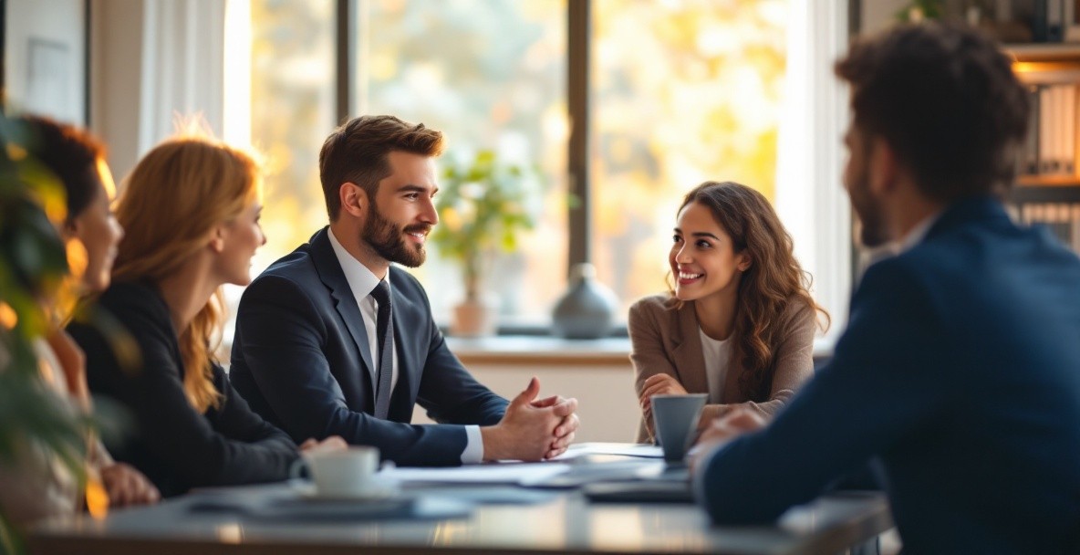 Immigration lawyer consulting with diverse clients in a professional office setting.