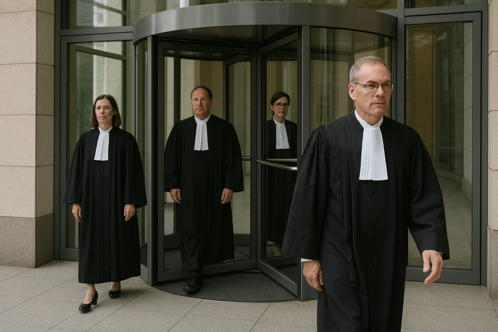 een draaideur met rechters in toga