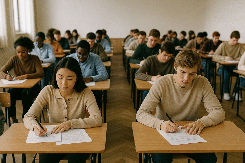 Studenten maken een examen in klas.