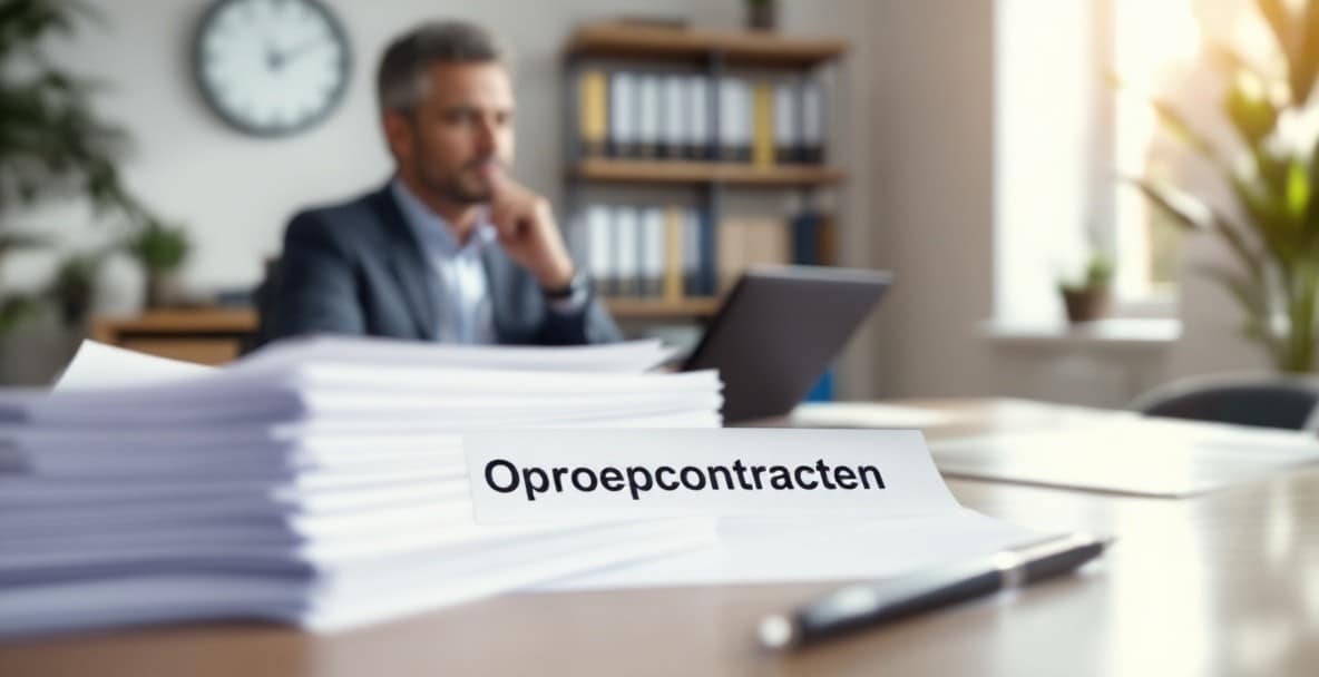 Professional reviewing legal documents titled 'Oproepcontracten' in a modern office.