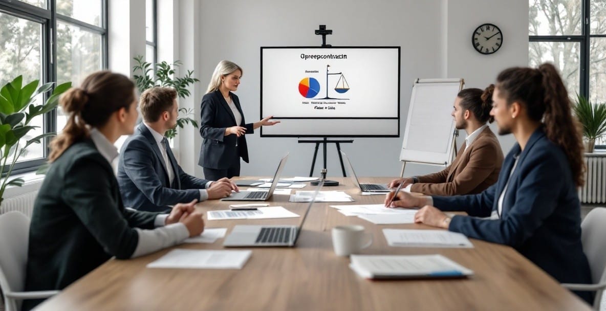 Professionals discuss on-call contracts in a modern office.