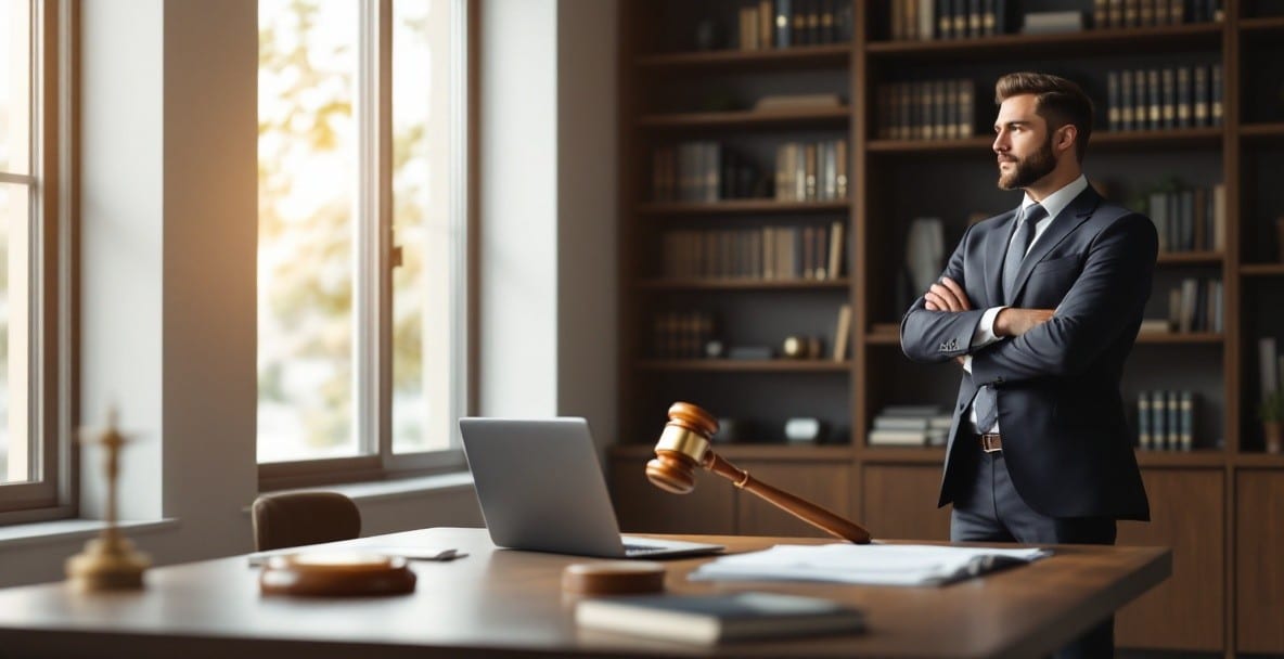 Modern law office scene with a lawyer by a window and a desk with legal documents.
