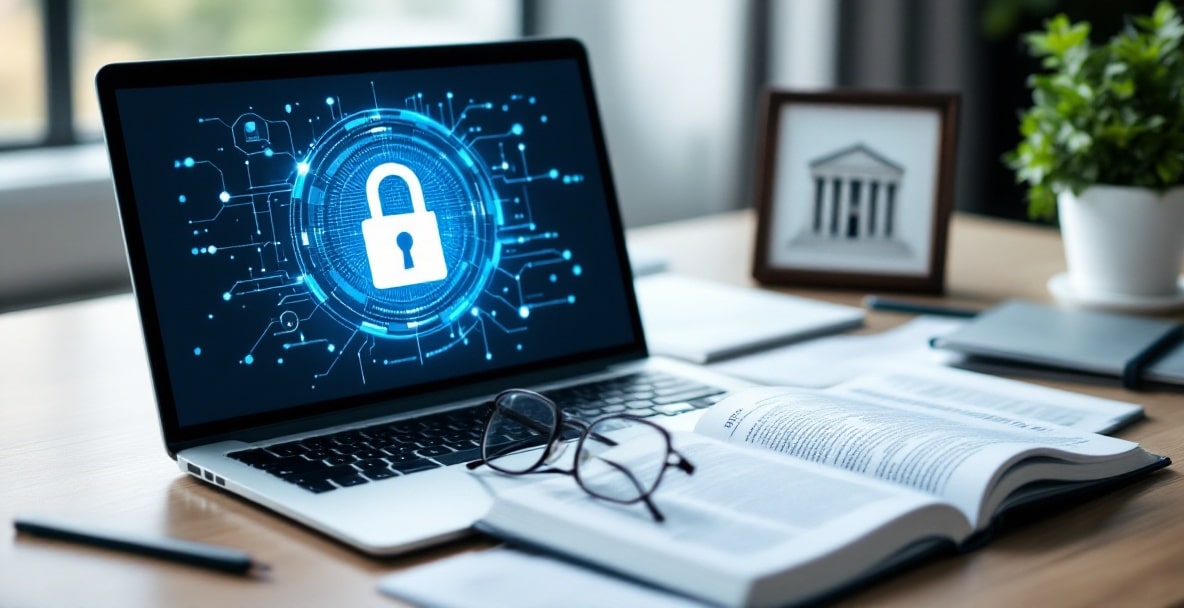 Hoe Bescherm je Intellectuele Eigendommen Effectief? 2 Modern office desk with laptop, IP law book, glasses, and courthouse picture, symbolizing IP protection.