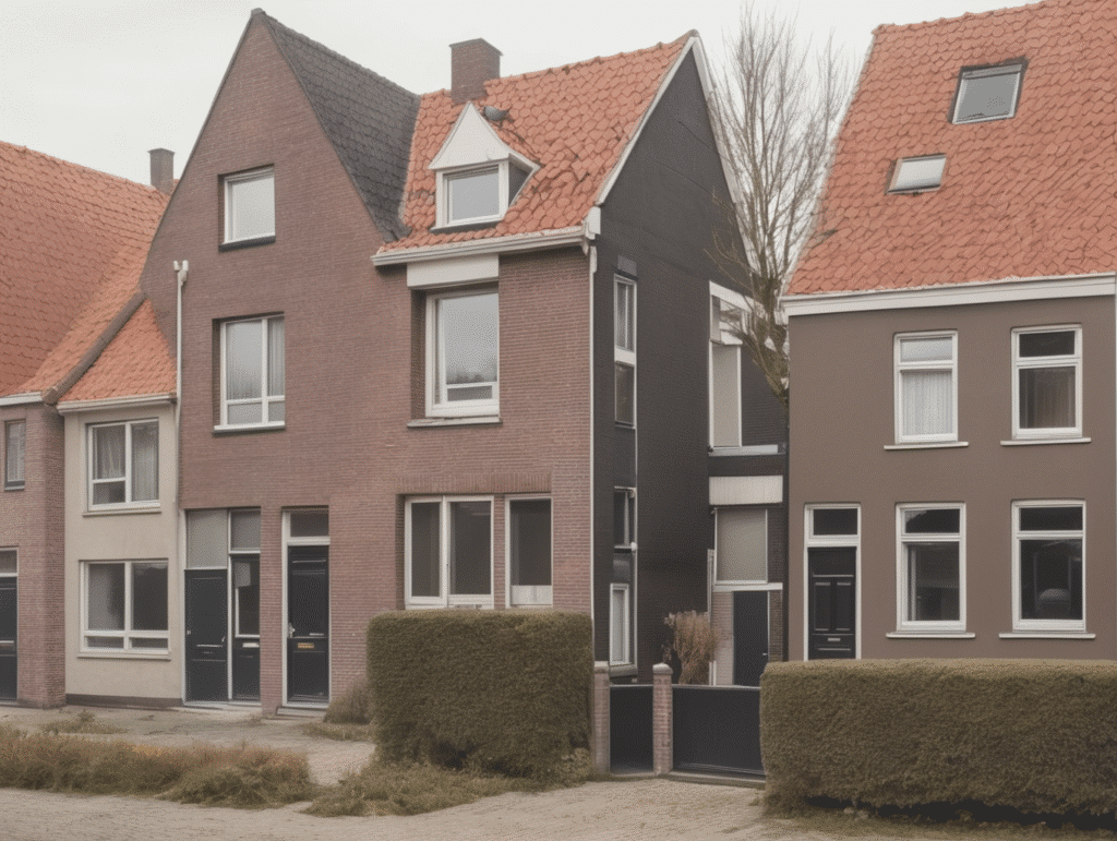 Drie huizen met rode daken.