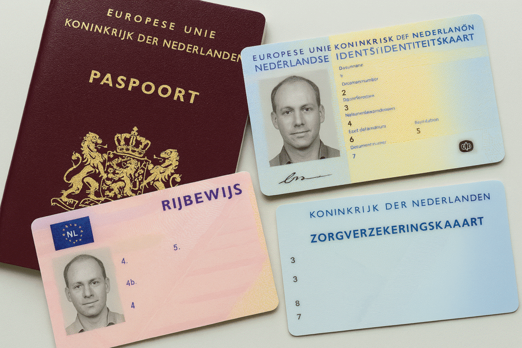 Paspoort, rijbewijs en zorgverzekeringskaart.