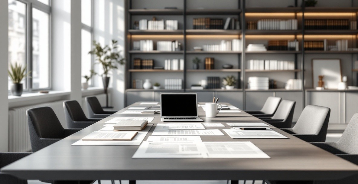 Minimalist law office with a conference table, open legal documents, and law books on shelves.