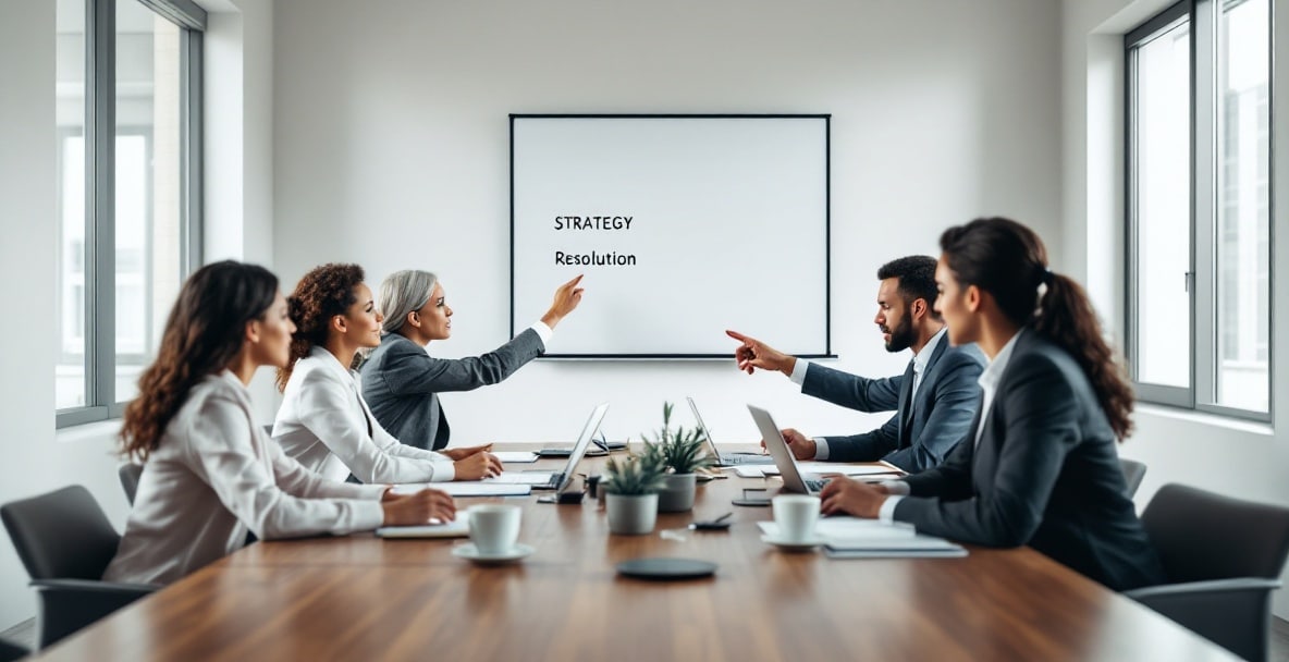 Diverse business team in a modern conference room discussing dispute resolution strategies.