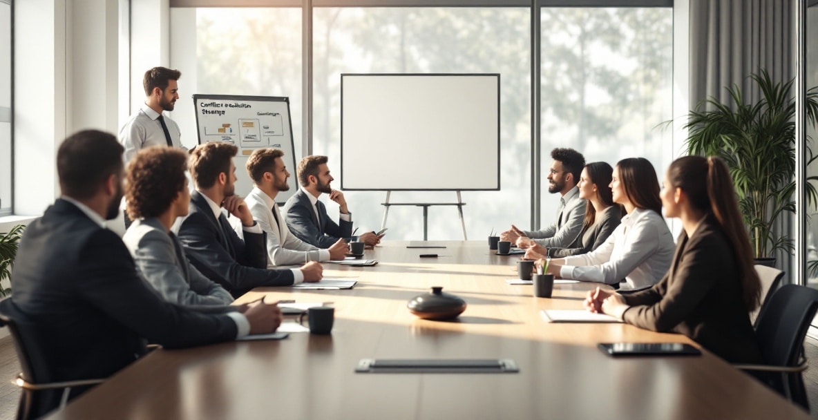 Diverse professionals discuss conflict resolution around a long wooden table in a modern meeting room.