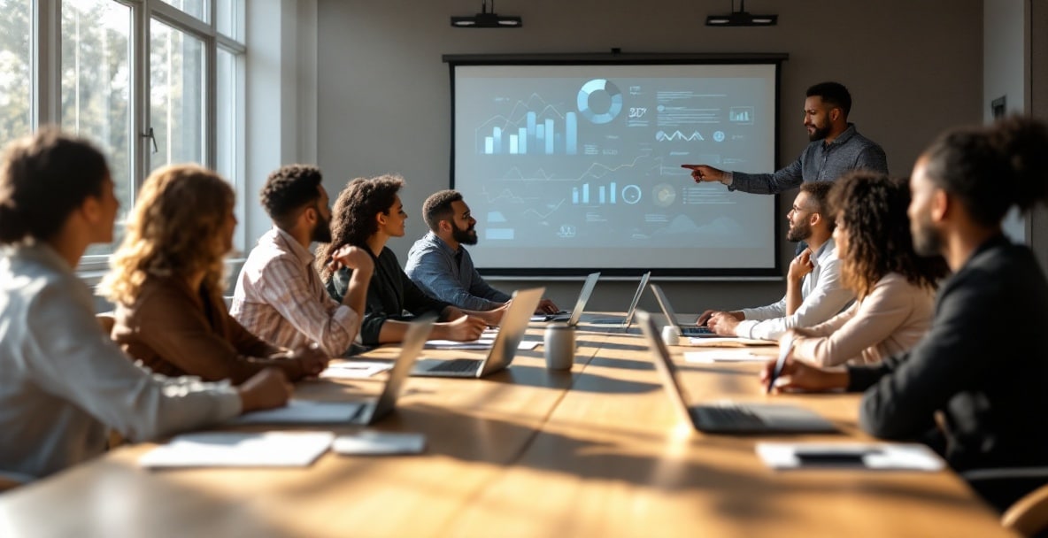 Diverse professionals discuss strategies in modern conference room with sunlight and projection screen.