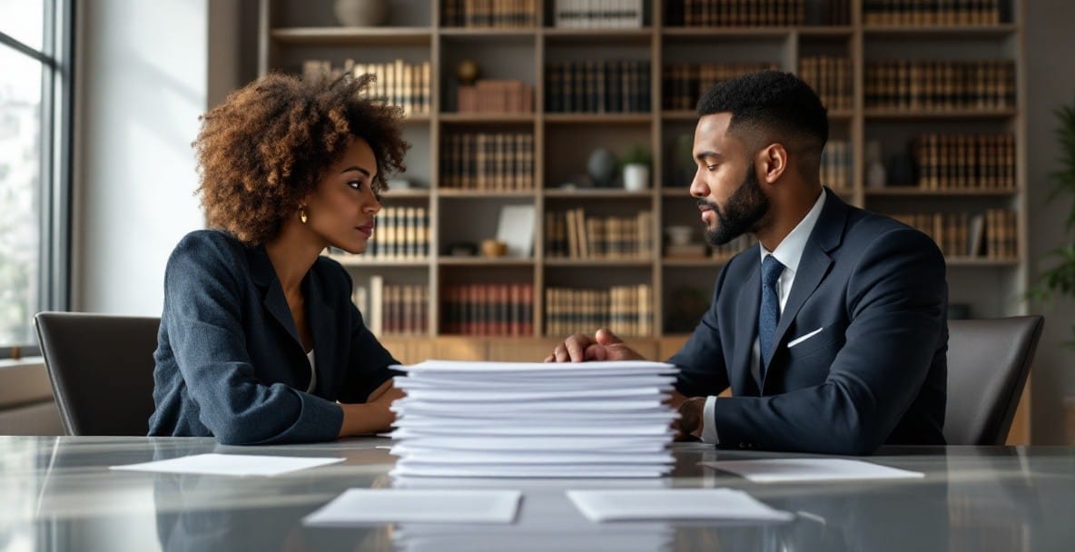 A diverse couple in an office, separated by legal documents, symbolizing post-divorce residency permit challenges.