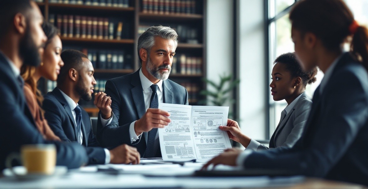 A legal advisor explains immigration law to professionals in an office setting.