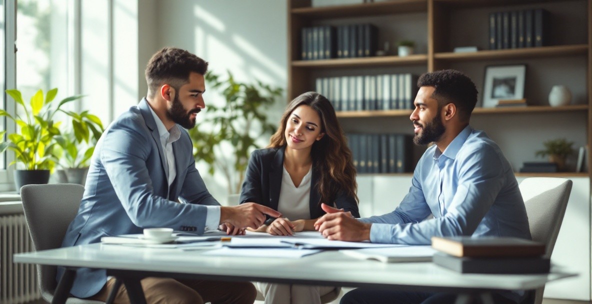 Business consultant advising a couple in a modern office with legal documents on the desk.