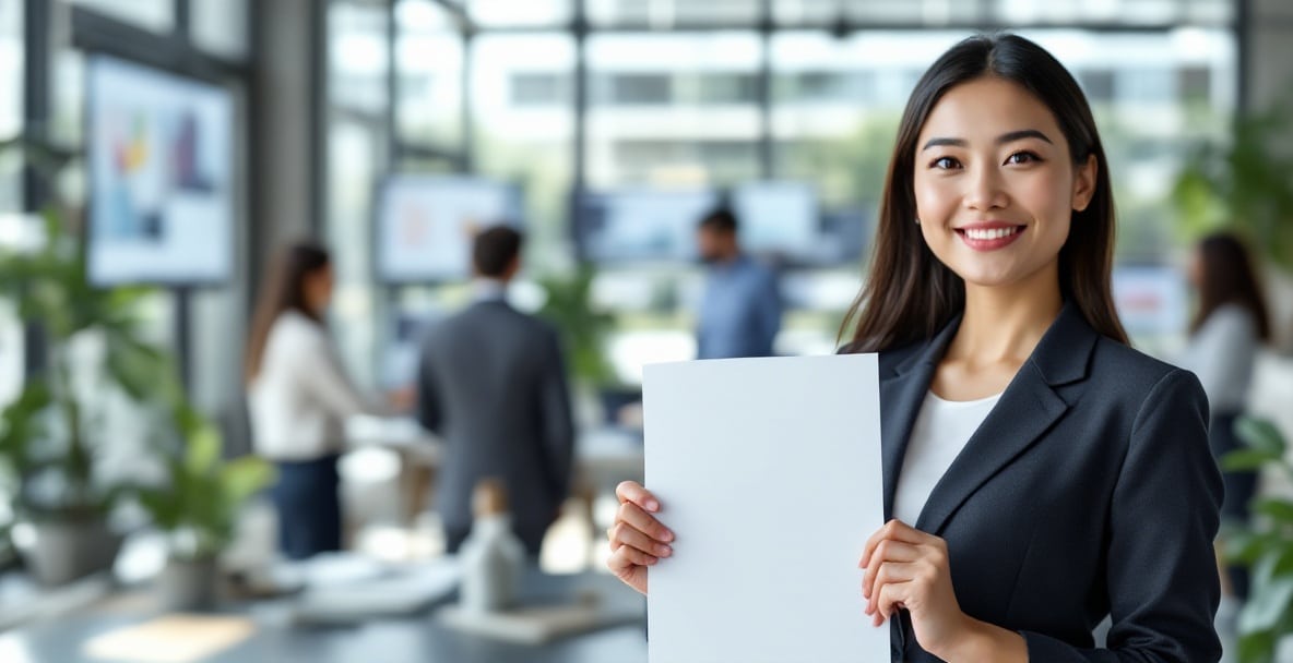 Businesswoman in office holding patent document, symbolizing patent law's importance in 2025.