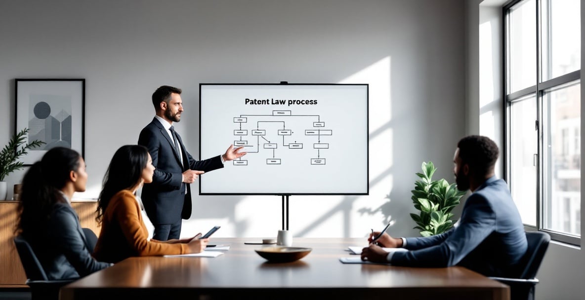 Patent attorney explains patent law basics to diverse clients in a modern office.