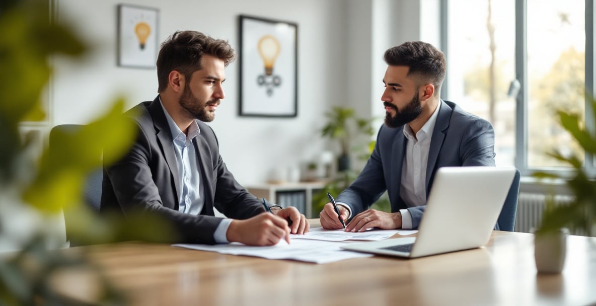 Two professionals discuss patent law in a modern office with a laptop displaying patent documents.