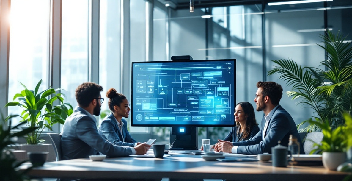 Professionals discuss patent law changes in a modern office with a digital screen in 2025.