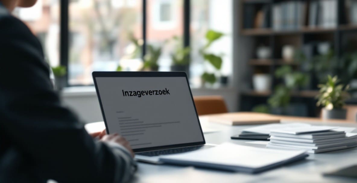 Business professional at desk reviewing 'Inzageverzoek' document on laptop in modern office.