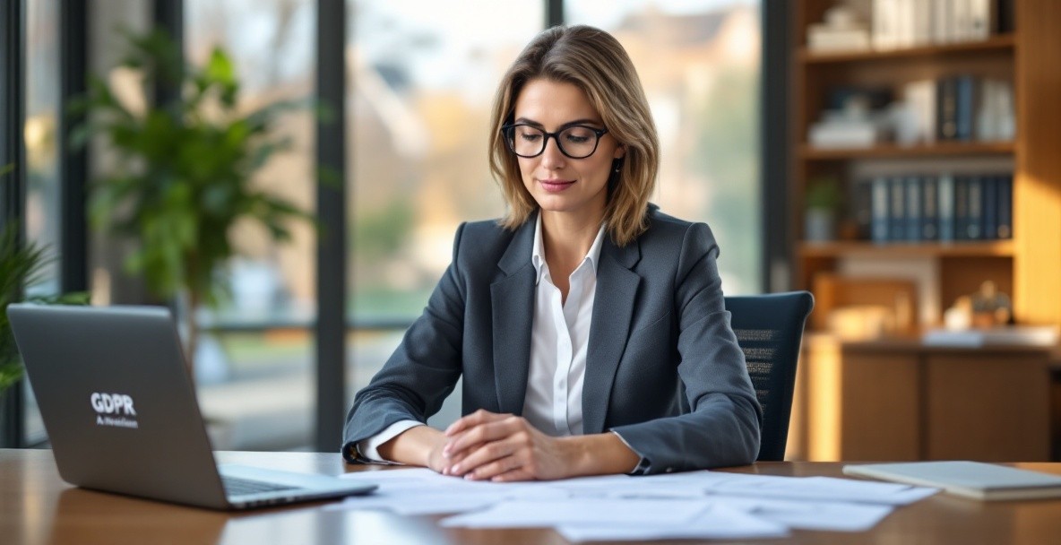 A confident lawyer reviews GDPR documents at a sleek desk in a stylish office.